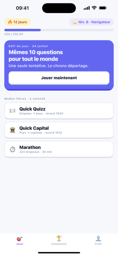 Drapoz home: a 12-day streak, level progress, and the daily challenge above the three free modes