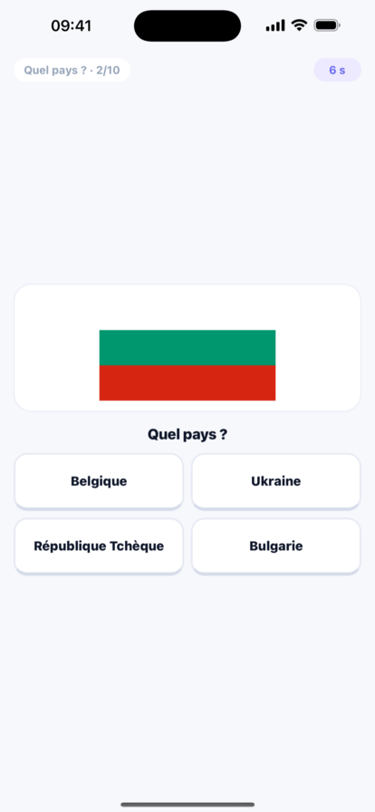 Drapoz question screen: a flag, four answers, and the countdown that decides the tiebreak
