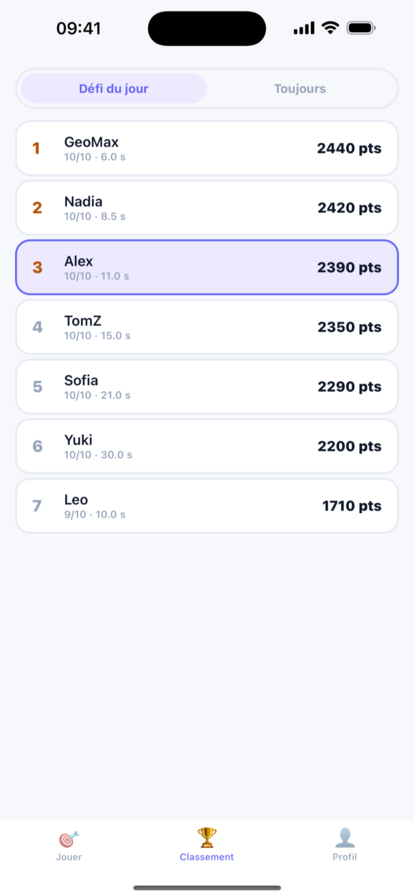 Drapoz leaderboard: today’s challenge and all-time, with the current player highlighted