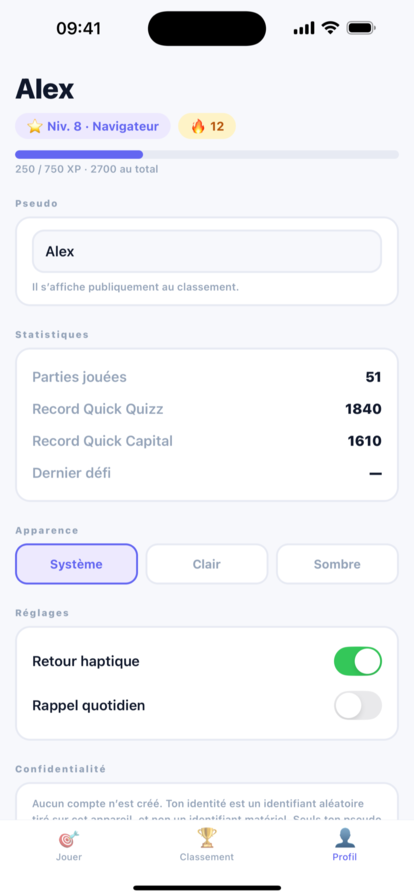 Drapoz profile: records, theme, haptics, and the statement that no account is ever created