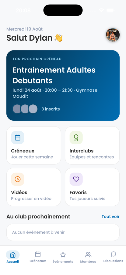 MagnyBad home screen: your next training slot, and shortcuts to slots, interclubs, videos and followed players