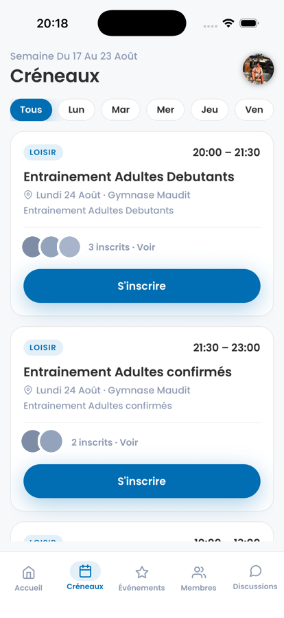 MagnyBad weekly training slots, filtered by day, with one-tap signup