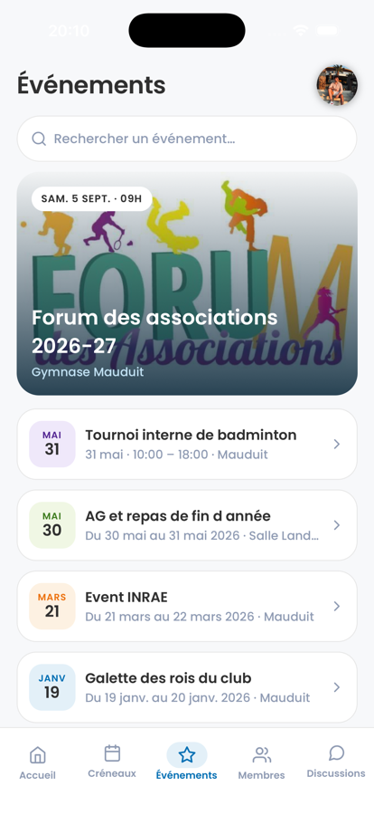 MagnyBad events screen: searchable club events, from the internal tournament to the AGM