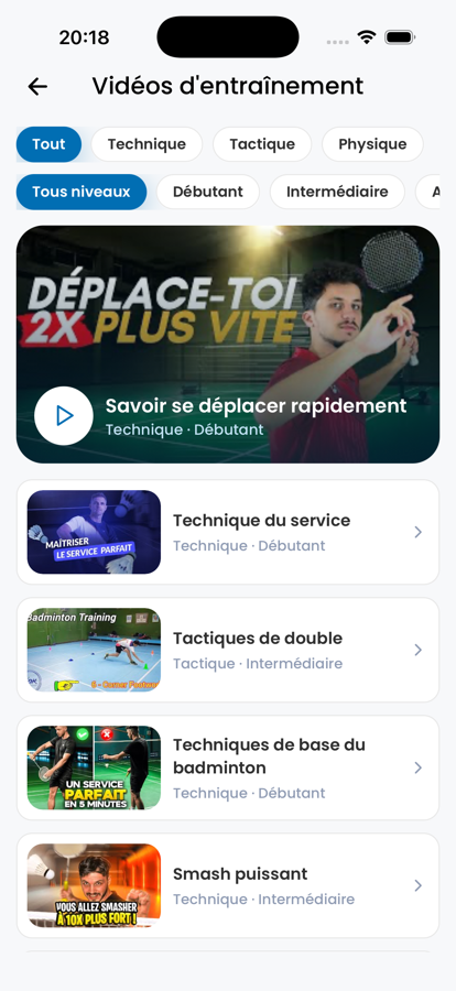MagnyBad training video library, filtered by theme and by level