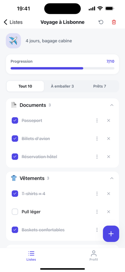Valiz list detail: progress, collapsible categories, and per-item actions
