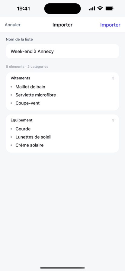 Valiz import: a block of raw text parsed into a named list with categorised items