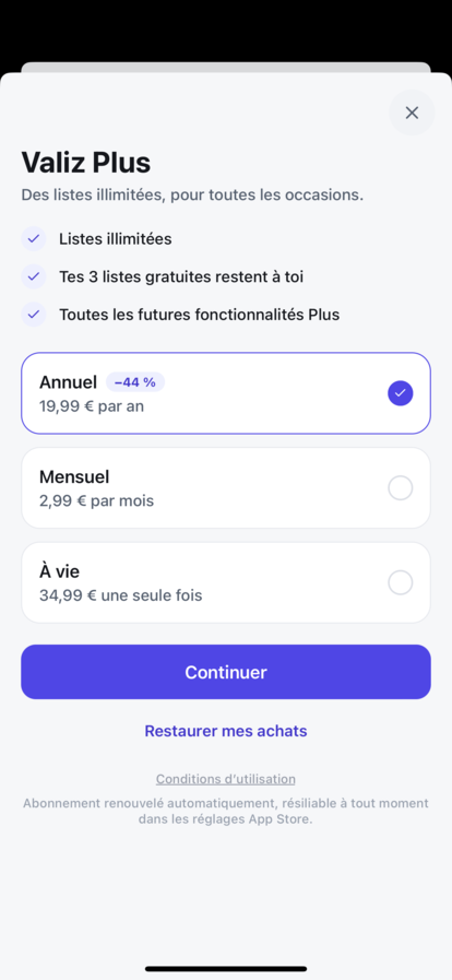 Valiz Plus: monthly, annual and lifetime tiers, stating that the free lists stay yours