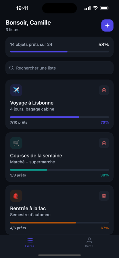 Valiz home in dark mode